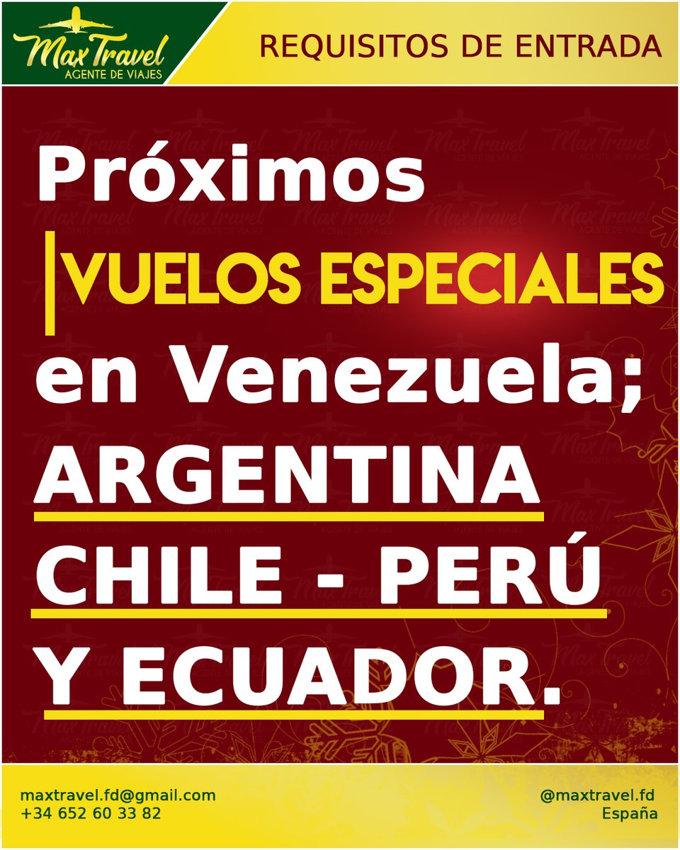 maxtravelfd's tweet photo. Vuelos Especiales entre #Venezuela y:

#Argentina #Chile #Ecuador y #Perú 

Para más información: 
https://t.co/tZcwliSt77 https://t.co/fTroaoJIDl