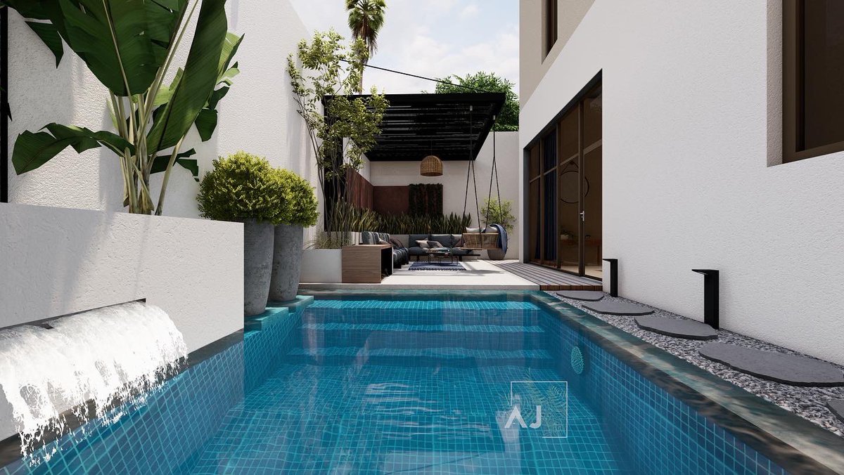 أحد تصاميمنا لمنطقة خلفية لمنزل مع اضافة مسبح على النمط الموديرن🏖🌳🌳