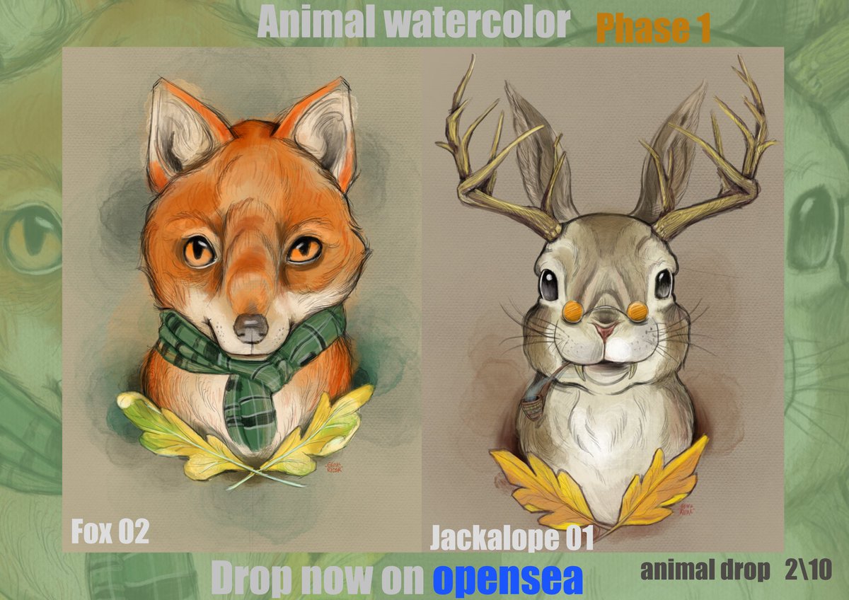 Hi~
Phase 1

🐰🦊Drop on opensea
2/10 
0.015 ETH
I want to convey the cuteness of animals.  with a brush of watercolor  Hope someone likes it. Thanks❤️
📌 opensea.io/collection/ani…
#NFTartwork #NFTartists  #nftart #opensea #NFTCommmunity #NFTTHAILAND #NFTcollections