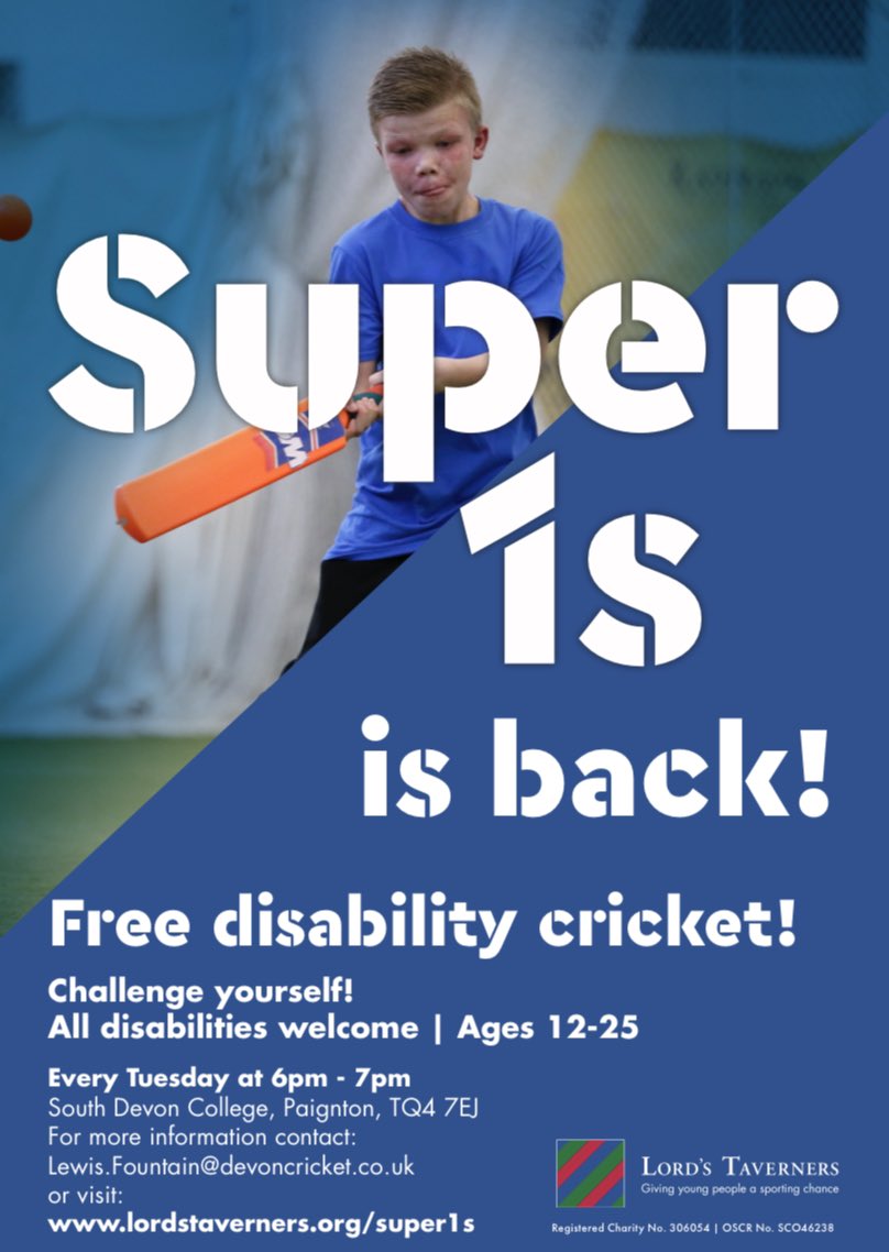 🚨SUPER 1s CRICKET🚨

🏏🏏Free Accessible cricket sessions for anyone with a disability continue TONIGHT at South Devon College, 6pm - 7pm

😁 A great opportunity to join a growing group of young people having fun and playing cricket 😁

👉🏻 Sign Up: forms.gle/mfT4KxeiFwZgYZ…
