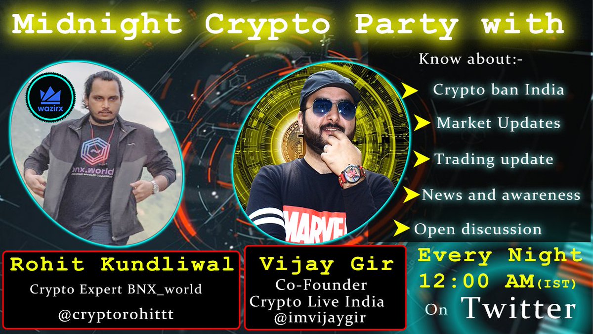 imvijaygir's tweet photo. Finally hum #cryptosessions start kr rhe hain #TwitterSpace par. Har raat thik 12 baje shuru hogi ek call jaha baat ki jaegi crypto ke bare me. Apke sawal or experts ke jawab. follow @imvijaygir & @cryptorohittt to get notifications.
#cryptocurrecy #cryptotwitter #cryptoliveindia https://t.co/Iw8enyXWC0