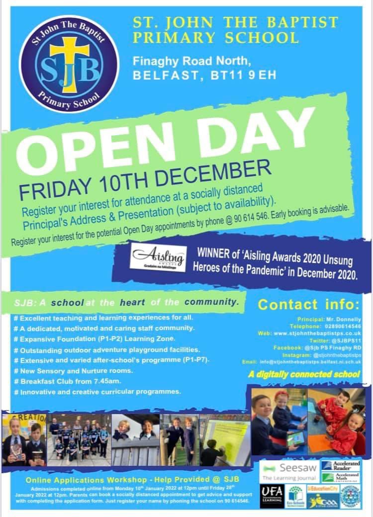 SJBPS11's tweet photo. Our socially distanced Open Day is on Friday 10th December. Please ring the office @ 90614546 to register interest &amp; book a place. #openday2021 https://t.co/OWnGzr3A9W