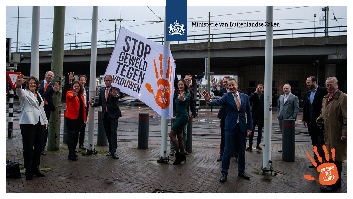 NLWomensrights's tweet photo. On #InternationalDayForEliminationOfViolenceAgainstWomen, @DutchMFA rose the #OrangetheWorld flag to open the #16Days campaign against #GenderBasedViolence – currently the most prevalent human rights violation worldwide. Do you join us in speaking out against GBV? https://t.co/lE1UTzzf5W