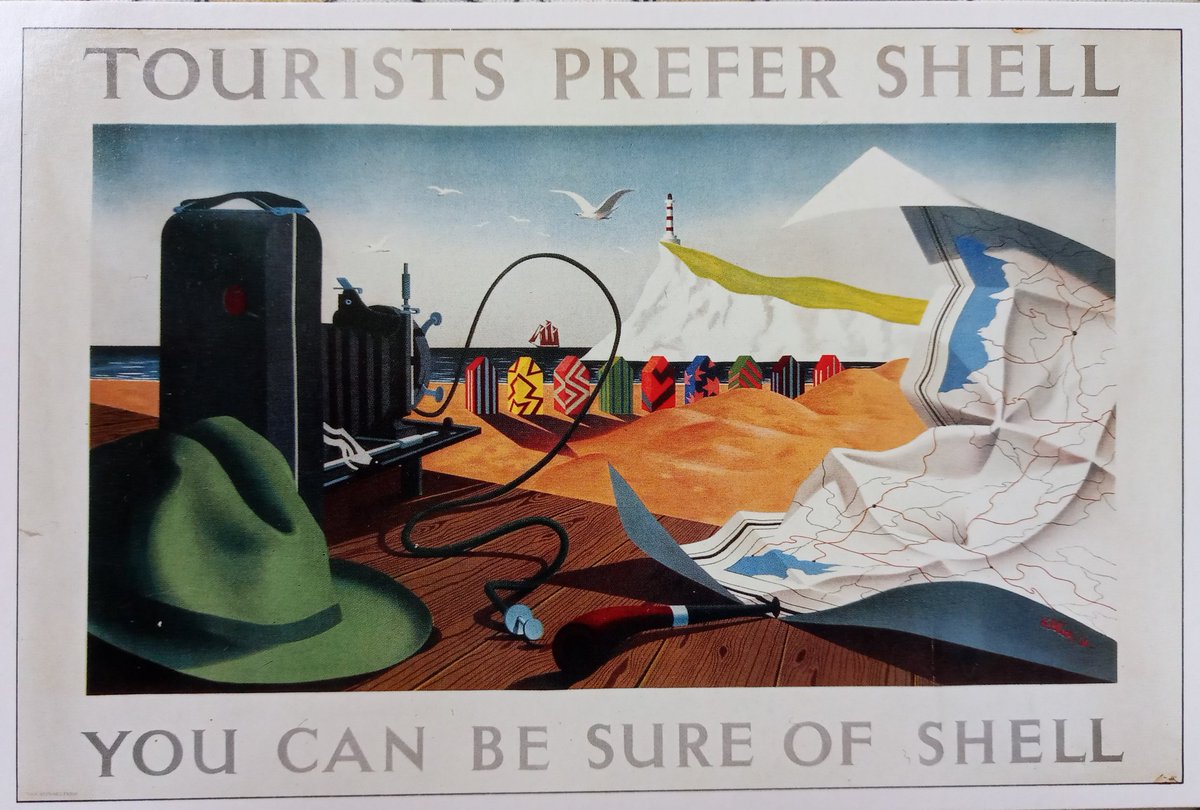 SeasideFerry's tweet image. This 1936 poster has a rather #surrealist quality. Definitely the snazziest #beachhuts I've seen.
By Tristram Hillier for Shell #1930s #seaside #vintageposter @SHAC_Curator