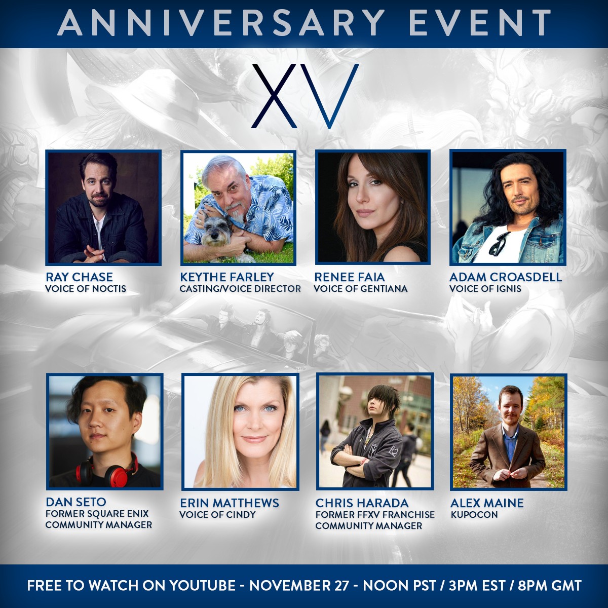 Just a few days to go until our special #FFXV anniversary event. Join us for the free stream on Nov 27: youtube.com/watch?v=Hs9lNS… @RayChase @faronear @reneefaia @ACroasdell @dmseto @HaradaCH @AlexMaine
