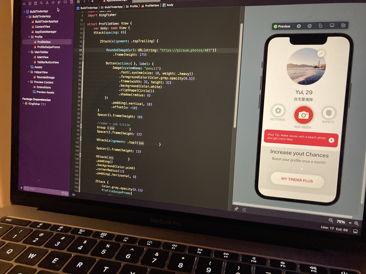 yueishere's tweet photo. I study swift with udemy.
Today I tried to make one of tinder page. 
It takes time but fun! 

#swiftui #udemy #programming #begginer  #coding #wannatobeaiOSdeveloper #iOS15 #iOSDev #frontend #uiuxdesign https://t.co/v6yKaMfiIA