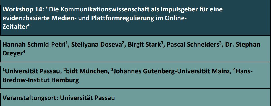 Wir kann eine evidenzbasierte Medien- &amp; #Plattformregulierung aussehen? Wir freuen uns auf Anmeldungen zu unserem <a href="/Dgpuk2022/">DGPuK 2022</a> -Workshop! Regulierungsbedarf gibt es genug: informationelle Selbstbestimmung, #Meinungsvielfalt, Urheberrecht, Wettbewerbssicherung, etc.