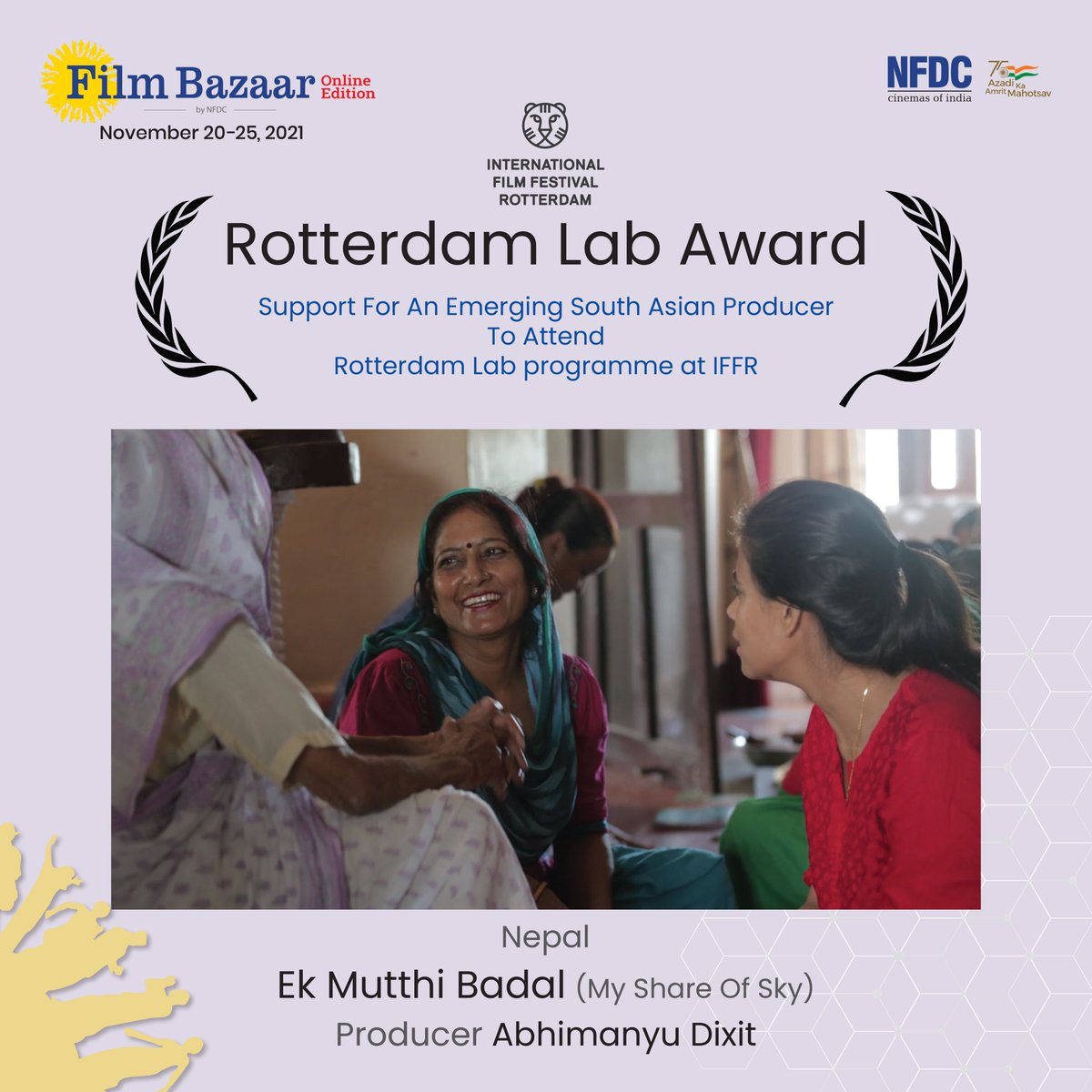 filmbazaarindia's tweet photo. We're thrilled to announce the winners of NFDC Film Bazaar. Beginning with the Rotterdam Lab Award, which is in partnership with International Film Festival Rotterdam!

The award goes to Producer, #AbhimanyuDixit, for the Nepalese Film, Ek Mutthi Badal (My Shade Of Sky)!

(1/2) https://t.co/E7x0AtZBYS