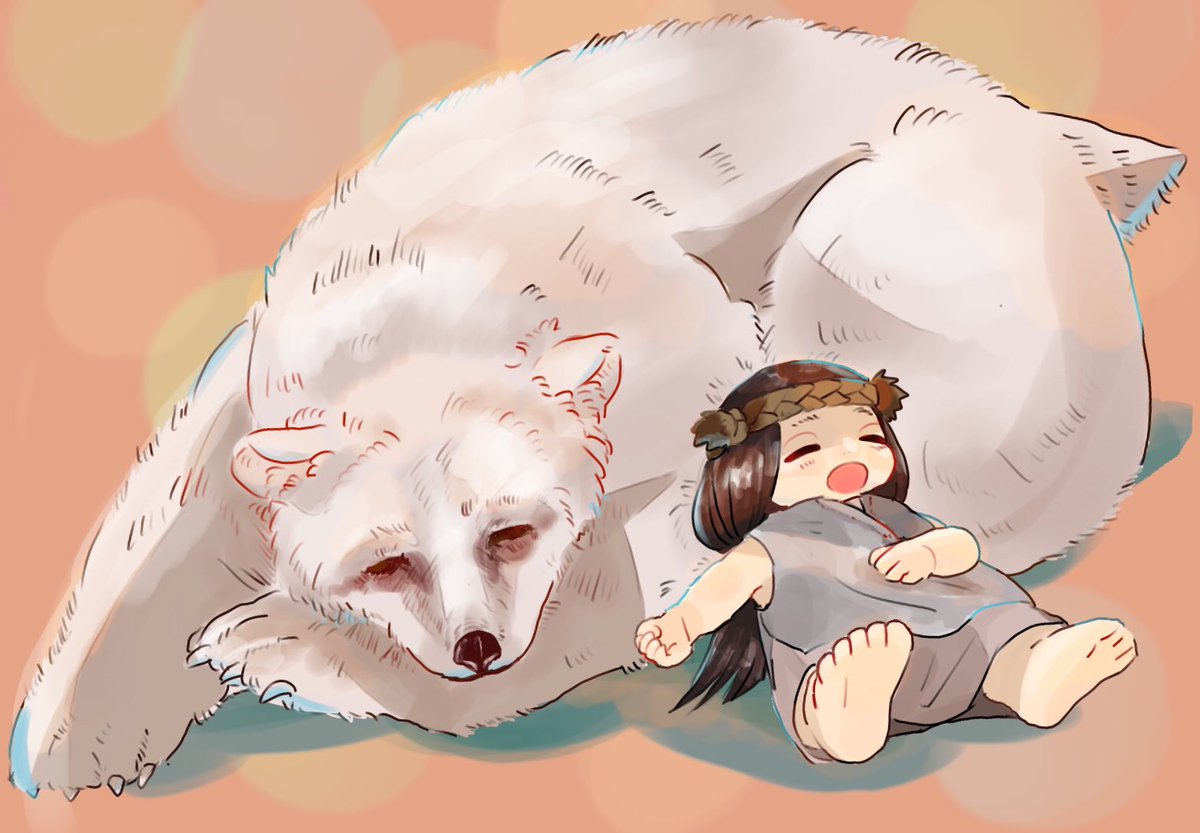 wolf closed eyes long hair barefoot open mouth child animal  illustration images
