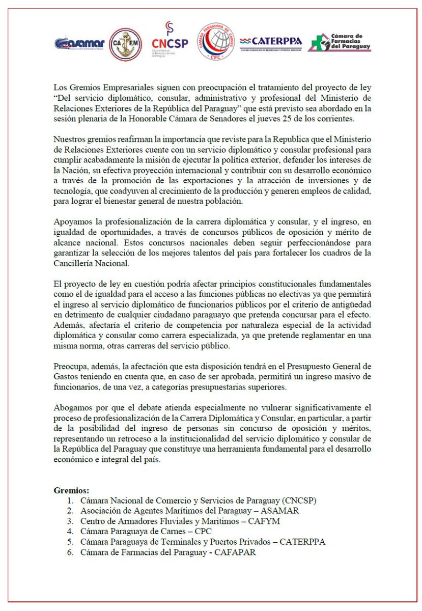 ADEP_Py's tweet photo. Compartimos copia del comunicado de los gremios #CNCSP #ASAMAR #CAFYM #CPC #CATERPPA #CAFAPAR en apoyo a la profesionalización de la Carrera Diplomática y Consular de la República del Paraguay y al ingreso a través de concursos públicos de oposiciones y méritos. https://t.co/J9i6lwNwCM