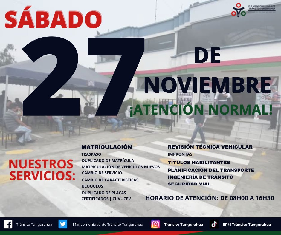 de_tungurahua's tweet photo. 𝗘𝗣𝗠𝗧𝗧 | 𝗔𝗧𝗘𝗡𝗖𝗜Ó𝗡 𝗡𝗢𝗥𝗠𝗔𝗟 ✅ | 𝗦Á𝗕𝗔𝗗𝗢 27 😉👍
La #EPMTT realizará sus actividades con normalidad el #sábado27deNoviembre de 08h00 a 16h30
Recuerde que son los últimos días de matriculación #SinMulta para el #dígito0 https://t.co/fUIPBUCumi
