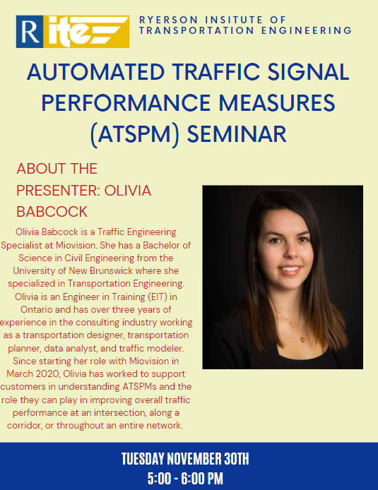 RITE is excited to announce our second seminar! Olivia Babcock, a Traffic Engineering Specialist at Miovision, will present Miovision's tools to manage traffic signal networks on Tuesday November 30th, 2021 from 5:00 to 6:00PM (EST).

Register here:
forms.gle/XR16rUG79uwQQd…