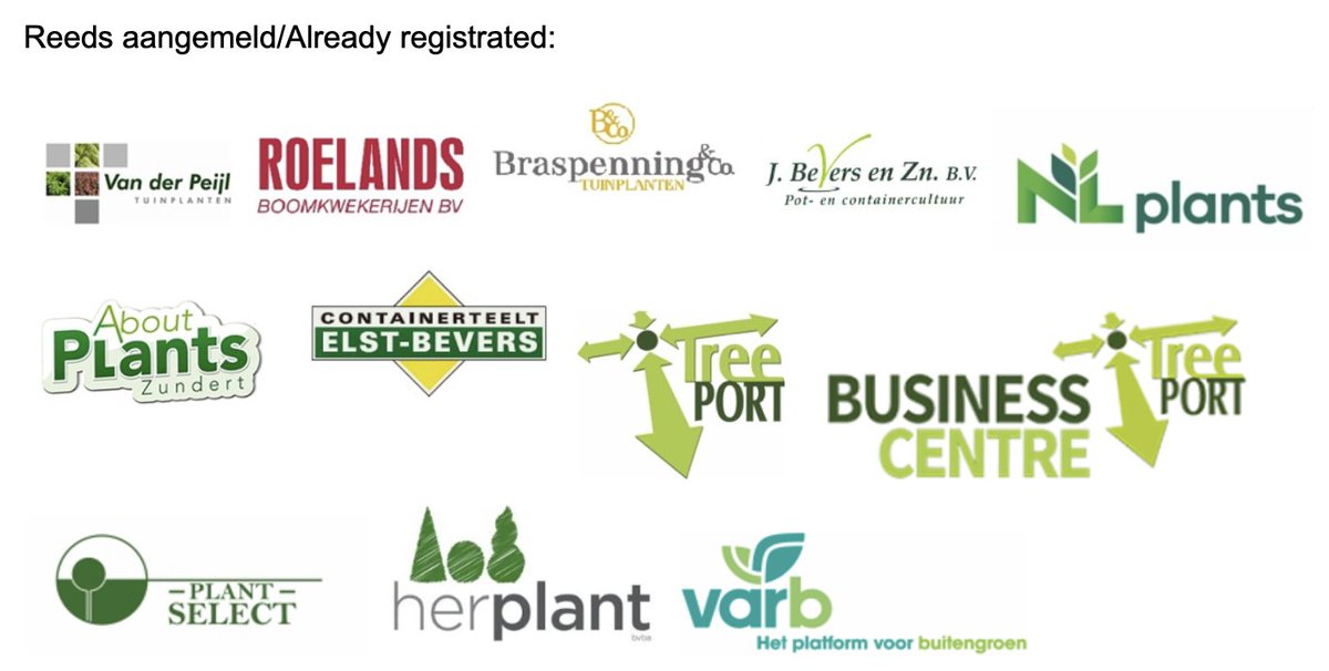 Deze bedrijven staan reeds geregistreerd voor deelname aan Groenbeurs Zundert op 19 en 20 januari 2022. Ook deelnemen? Doe het vandaag nog via de website: groenbeurszundert.nl