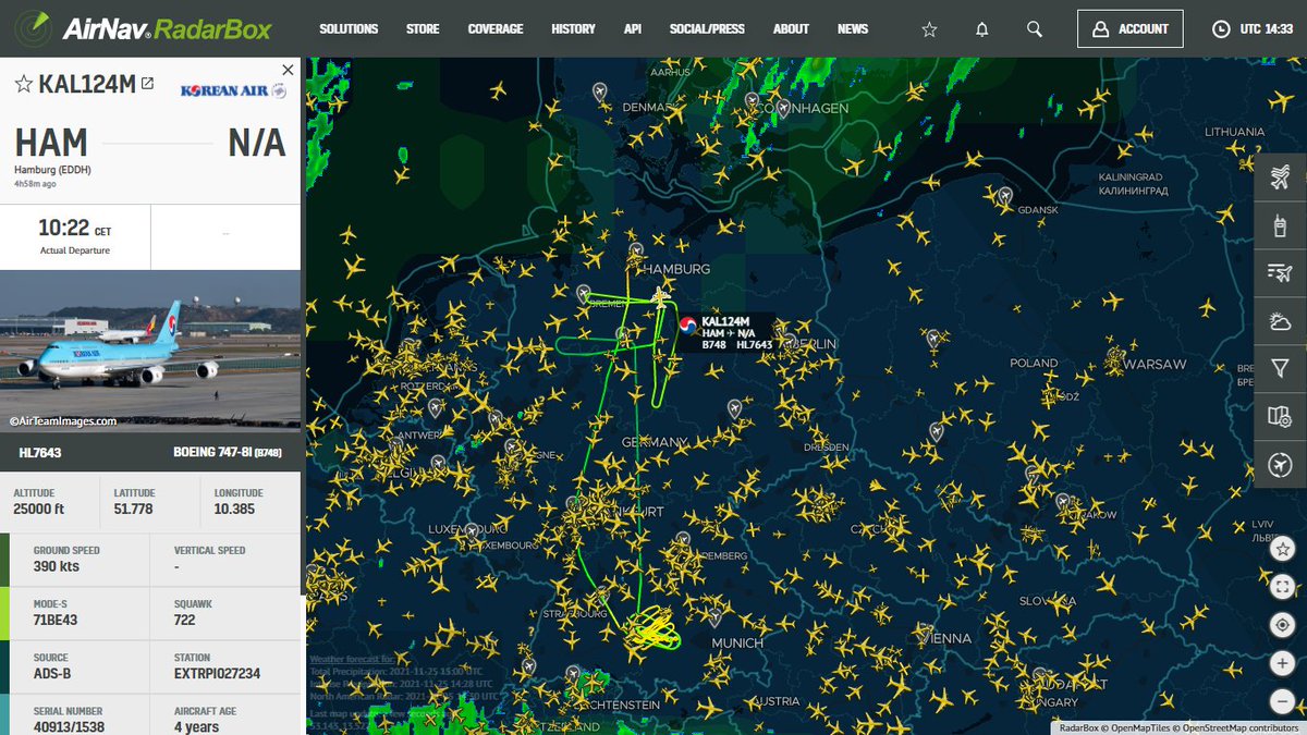AirNavRadar's tweet photo. Korean Air's Boeing 747-8B5 (HL7643) is back in the air for a test flight. ✈️

Track it live on #RadarBox: 
https://t.co/6xRSlMzfXS

#KoreanAir #Boeing747 #Hamburg #HL7643 https://t.co/e1W0hVMwCO