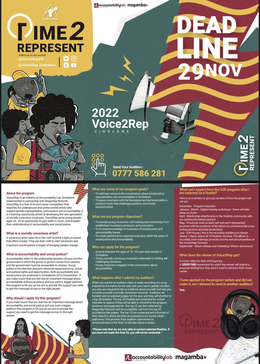 MantateQueeneth's tweet photo. Hey there✨
One of my projects @Voice2RepZW is currently recruiting musicians from across Zimbabwe who are passionate about music and accountability issues. If you know a young person that fits the criteria, judge them to audition.
#Time2Represent #Voice2RepZW https://t.co/WxTqHZ2IA2