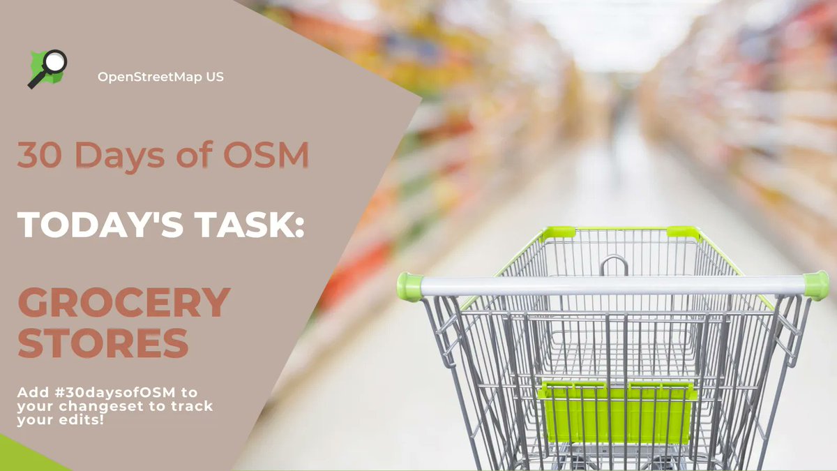 OpenStreetMapUS's tweet image. Last-minute shopping before Thanksgiving dinner? Before you head out, make sure to map your local grocery store! Add it to the map with shop=supermarket and name=* tags. Add #30daysofOSM to your changeset to track your edits. More info: buff.ly/39BGCUq