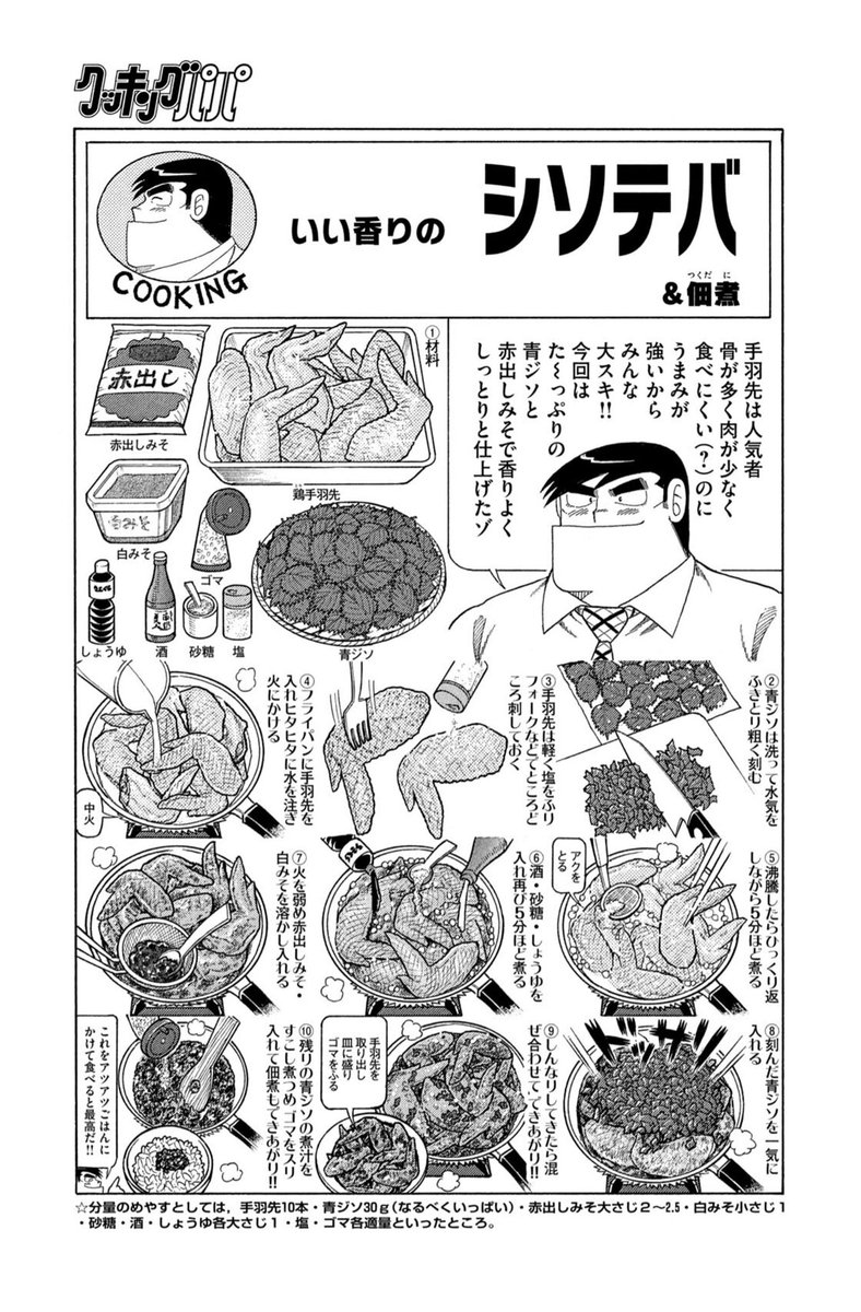 クッキングパパに影響を受けて、シソテバが食べたくてたまらなくなりまきたが、手羽先がなく、鳥もも肉と手羽元で代用しましたがうまく出来ました✌️

子どもたちも完食😄 