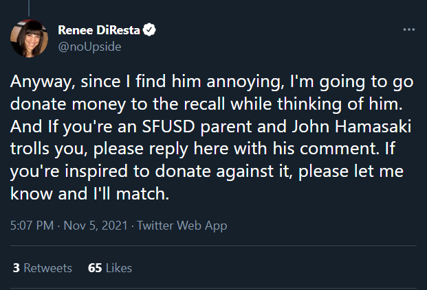 amagicwindow's tweet photo. Renee Diresta, telling her audience that she's going to support the recall because she thinks @HamasakiLaw is annoying.
She is also doing what they all do, and calling out for people to provide her receipts of things, like Garry did with @nicole_chenelle and I. #NormalShit https://t.co/AhoU3yXGFW