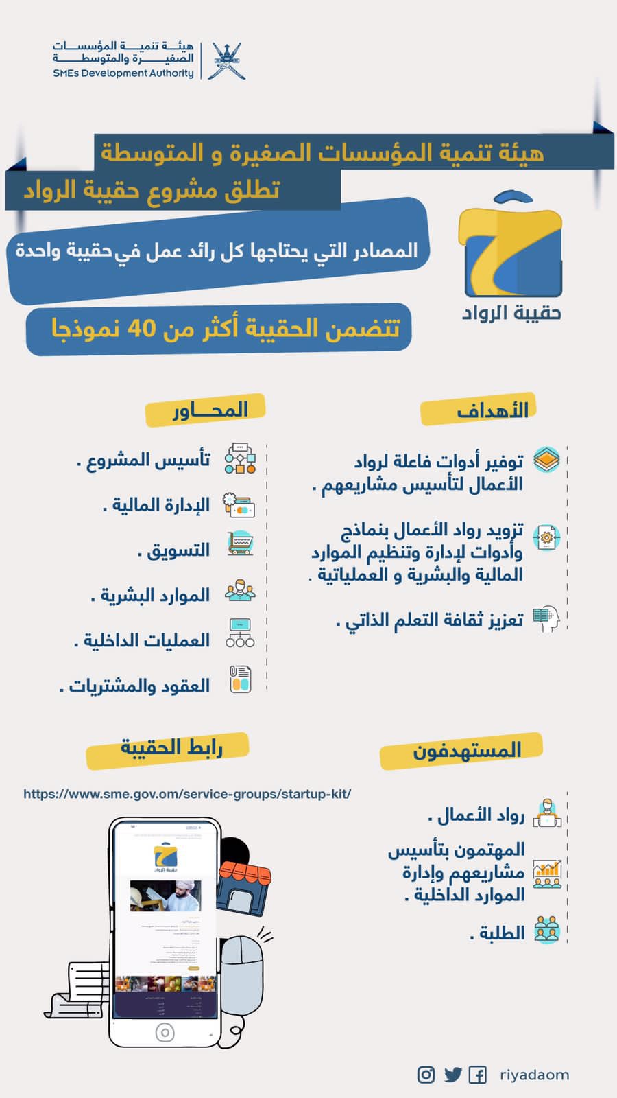 تطلق هيئة تنمية المؤسسات الصغيرة والمتوسطة اليوم #حقيبة_الرواد التي تضم أكثر من 40 نموذجا يحتاجها رائد الأعمال لتأسيس مشروعه وإدارة ومتابعة موارده.
للاطلاع على الحقيبة وتحميلها:

https://www.sme.gov.om/service-groups/startup-kit/