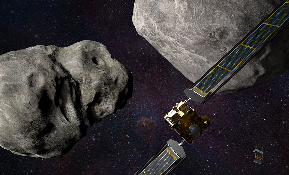 En datorrenderad bild som föreställer NASA:s rymdsond som ska krascha in i en asteroid.