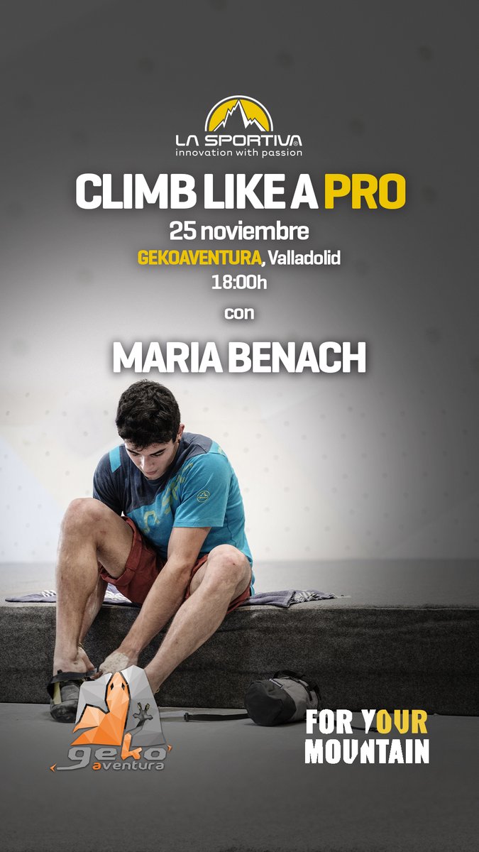GekoAventura Valladolid (@gekoaventura) on Twitter photo 💥 ¡Ven a entrenar hoy con #MariaBenach! La ganadora de la Copa de España de Dificultad nos visita dentro del tour "Climb like a pro" de <a href="/LaSportivaSpain/">LaSportivaSpain</a>. La marca italiana pondrá a vuestra disposición su gama de gatos para que podáis probarlos.
📆 25 de noviembre desde las 17:30 💥 ¡Ven a entrenar hoy con #MariaBenach! La ganadora de la Copa de España de Dificultad nos visita dentro del tour "Climb like a pro" de <a href="/LaSportivaSpain/">LaSportivaSpain</a>. La marca italiana pondrá a vuestra disposición su gama de gatos para que podáis probarlos.
📆 25 de noviembre desde las 17:30