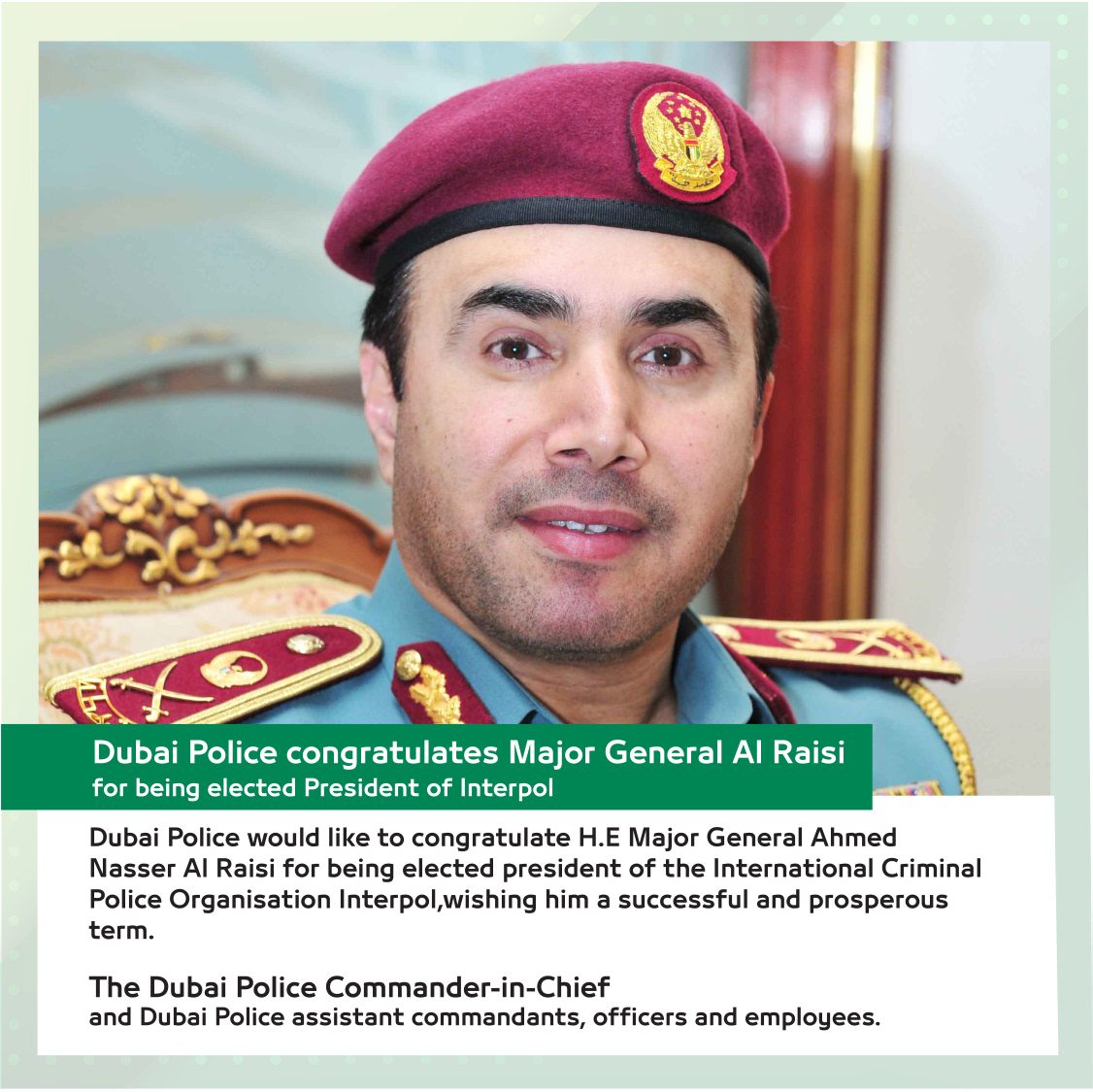 faizasalem4's tweet image. यूएई को इस ऐतिहासिक उपलब्धि पर बहुत गर्व है! मेजर जनरल अहमद नासिर अल रायसी इंटरपोल के अध्यक्ष चुने गए हैं। यह नियंत्रित मीडिया द्वारा उन सभी कलंक अभियानों के बावजूद यूएई के प्रति राष्ट्रों के भरोसे को दर्शाता है।
#UAE #InterpolPresident