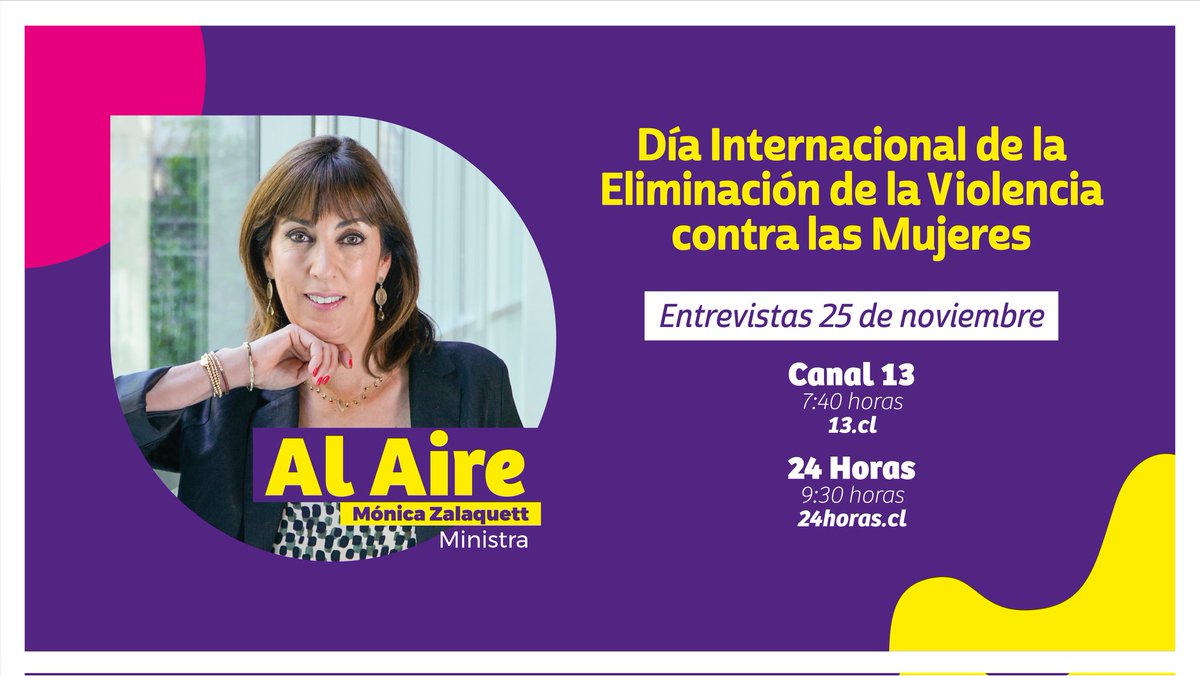 🎙️¡Atentas/os! En el Día de la Eliminación de la Violencia contra las Mujeres Ministra <a href="/monicazalaquett/">Mónica Zalaquett S.</a> estará conversando en <a href="/canal13/">El 13</a> y <a href="/24HorasTVN/">24 Horas</a> ¡Acompáñanos! ♀️
#NoEstásSola