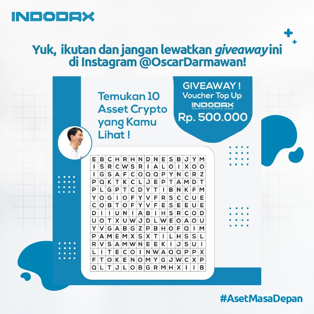 Halo Member Indodax, mau voucher Indodax senilai total Rp500.000? 

Caranya gampang!
Temukan dan buat garis 10 nama aset kritpo pada gambar berikut
Screenshot hasilnya lalu bagikan di story atau feed instagram kalian beserta jawabannya dan mention <a href="/OscarDarmawan/">Oscar Darmawan</a>

#indodax