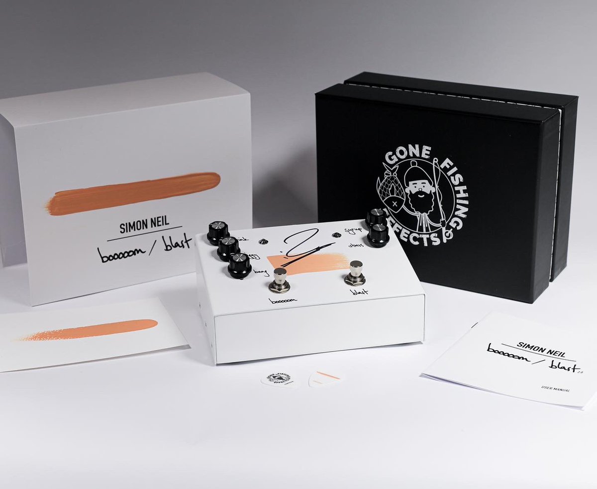 BiffyClyro's tweet photo. The ltd edition Simon Neil Booooom / Blast pedal is back! Version 2.0, in a brand-new peach colourway, is available to pre-order for £299 via the Biffy store at 11am GMT on Tuesday 30th Nov. Each unit will be hand signed + painted by Simon + built by @GoneFishingFX #booooomblast https://t.co/g1y4j4uttw