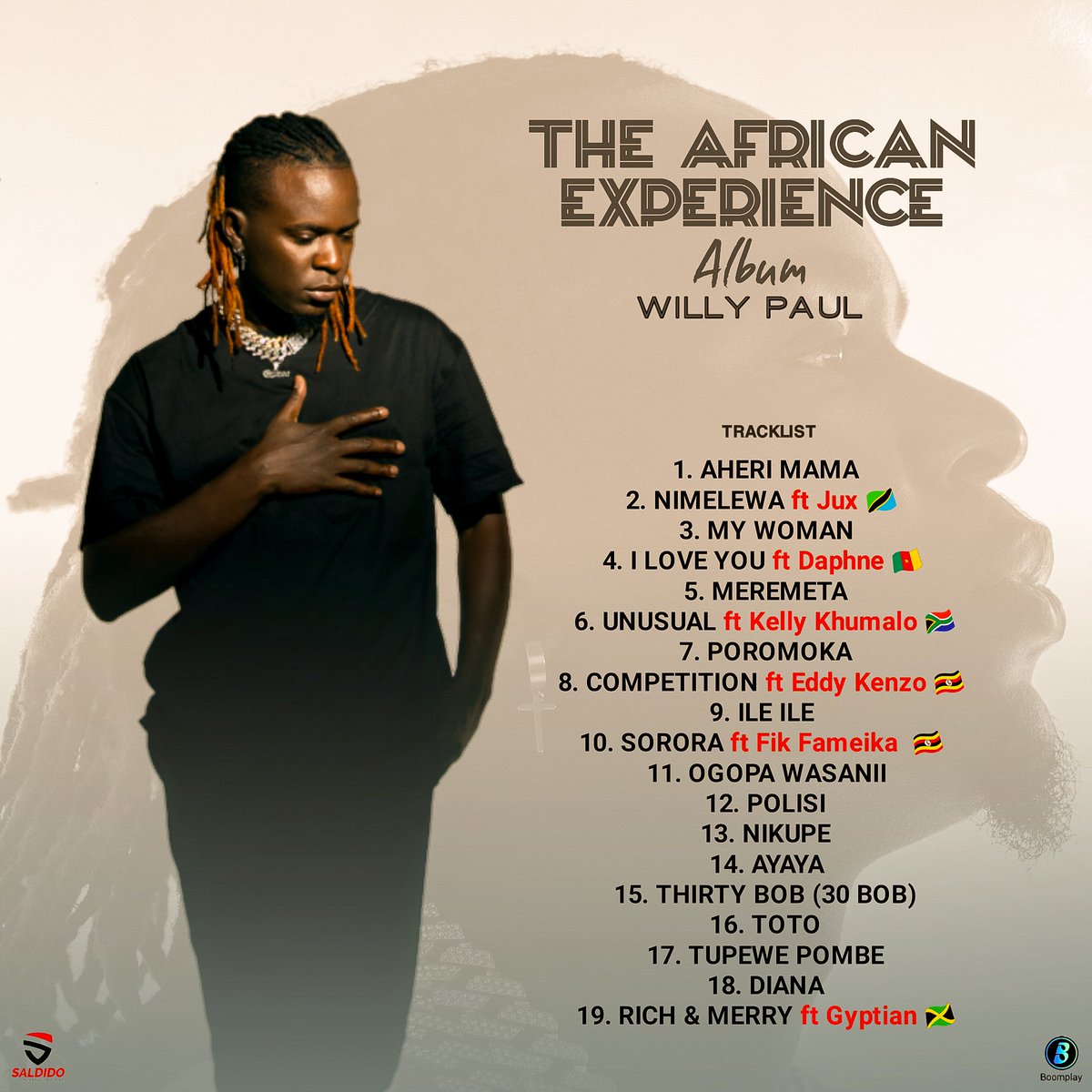 BoomplayKenya's tweet photo. ⏳#TheAfricanExperience album tracklist by @WillyPaulMusic is here featuring @africanboyJUX 🇹🇿 @Is_Daphne 🇨🇲 @KellyKhumaloZA 🇿🇦 @eddykenzoficial 🇺🇬@FIKFAMEICA 🇺🇬 &amp; @RealGyptian ��🇲

The #Album drops exclusively on #Boomplay tomorrow 8️⃣🅰️Ⓜ️

#NewMusic #NewAlbum #WillyPaul #Trending https://t.co/h9ZErkaiXu