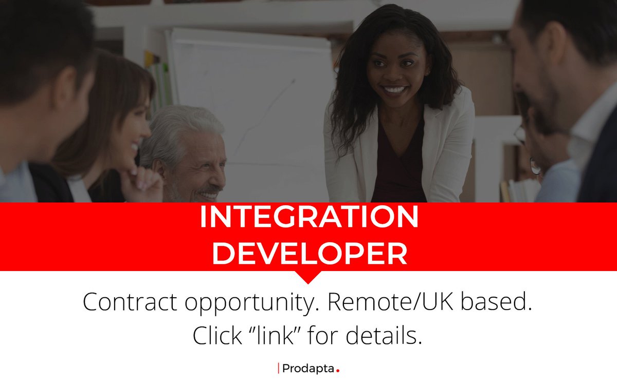 ProDapta's tweet photo. CONTRACT OPPORTUNITY: Integration Developer
Rate: Β£650 per day
Location: #Remote #UK
For details click here: https://t.co/i6WPUm2udZ
#Prodapta @Microsoft #MicrosoftJobs #MicrosoftDynamics #Contractor #NewOpportunity #IntegrationDeveloper #IntegrationArchitect #Integration https://t.co/15LFB3wMzY