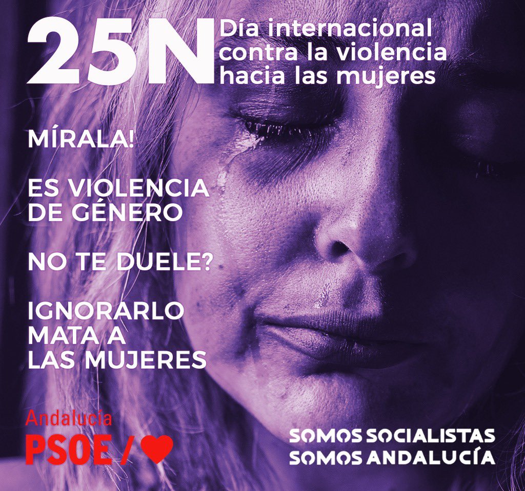 Cada día en que una mujer siente miedo por el simple hecho de serlo es #25N. El miedo, las agresiones, las amenazas… Es violencia machista. Y nos duele. 

En Andalucía han sido asesinadas 225 mujeres, más que en ninguna otra comunidad. En lo que va de año 7.