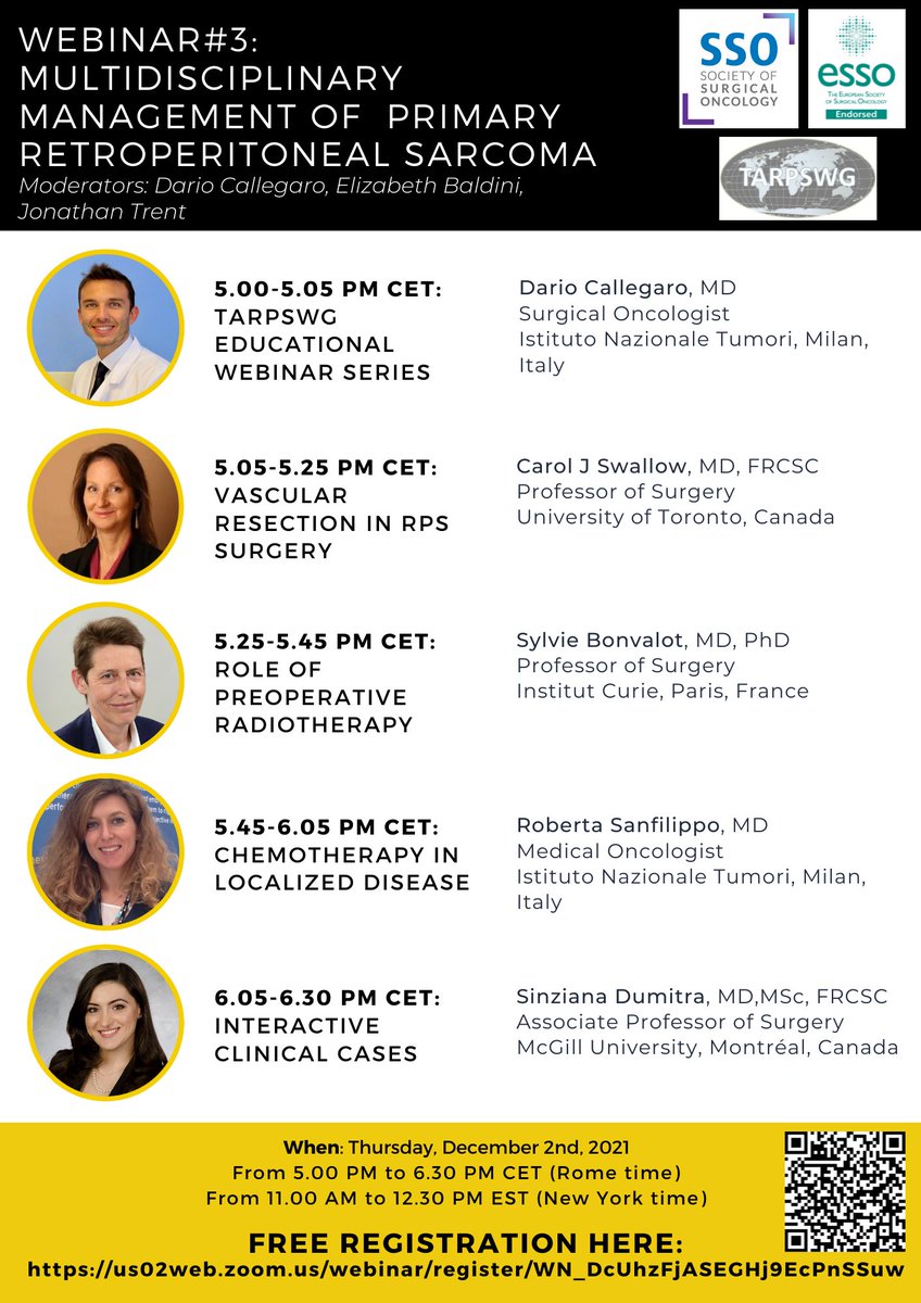 ❗️ Thu, Dec 2nd: <a href="/TARPSWG/">TARPSWG</a> Educational Webinar#3❗️
✔️Vascular resection in #retroperitoneal #sarcoma 🇨🇦
✔️#radiotherapy <a href="/SBonvalot/">sylvie bonvalot</a> 🇫🇷
✔️#chemotherapy <a href="/Robertasanfili/">Roberta Sanfilippo</a> 🇮🇹
✔️ ClinicalCases <a href="/SinzianaDumitra/">Sinziana Dumitra MD MSc(Epi) FRCSC</a> 🇨🇦
Register here: us02web.zoom.us/webinar/regist…
<a href="/SocSurgOnc/">Society of Surgical Oncology</a> <a href="/ESSOnews/">European Society of Surgical Oncology (ESSO)</a> <a href="/ctosociety/">CTOS</a>