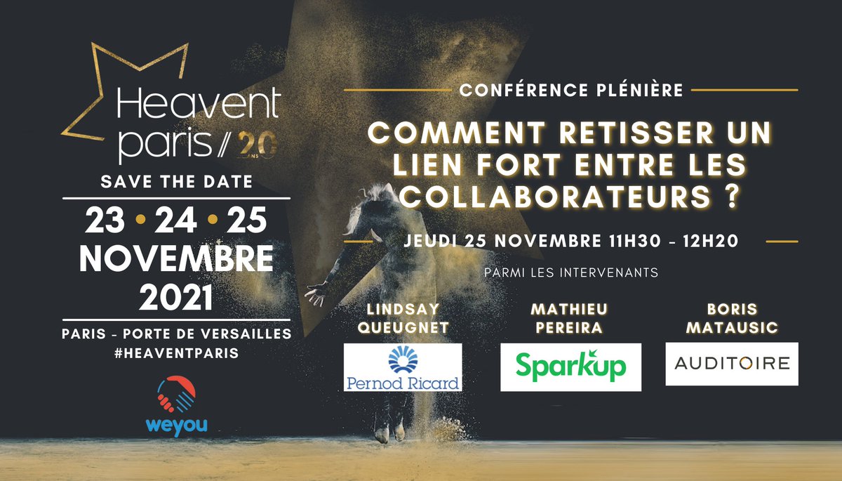 Dans 5 minutes la #Conférence #HeaventParis "Comment retisser un lien fort entre les collaborateurs ?"
Plusieurs mois sans se voir et la vie des entreprises a été bouleversée. Il faut réapprendre à travailler ensemble et à mener des projets en commun...