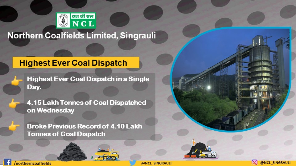 NCL_SINGRAULI's tweet photo. NCL Dispatched Its Highest-Ever Record Coal On Wednesday to meet the energy aspiration of the nation...
👉4.15 Lakh Tonnes of Coal Dispatched in Single Day.
👉Broke Previous Record of 4.10 Lakh Tonnes of 27th Oct 2021.

#Energy #Coal #WeAreNCL https://t.co/BcrKbV6F1A