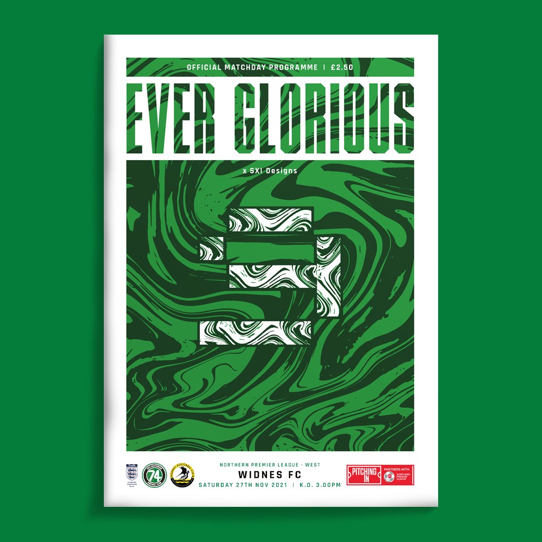 1874programme's tweet image. Saturday's programmes, today: 9/19.
@1874Northwich vs @Widnes_FC

Cover art this week comes from @SXI_Designs, as the Greens look to keep up their recent run of form at home to Widnes. #EWEM
