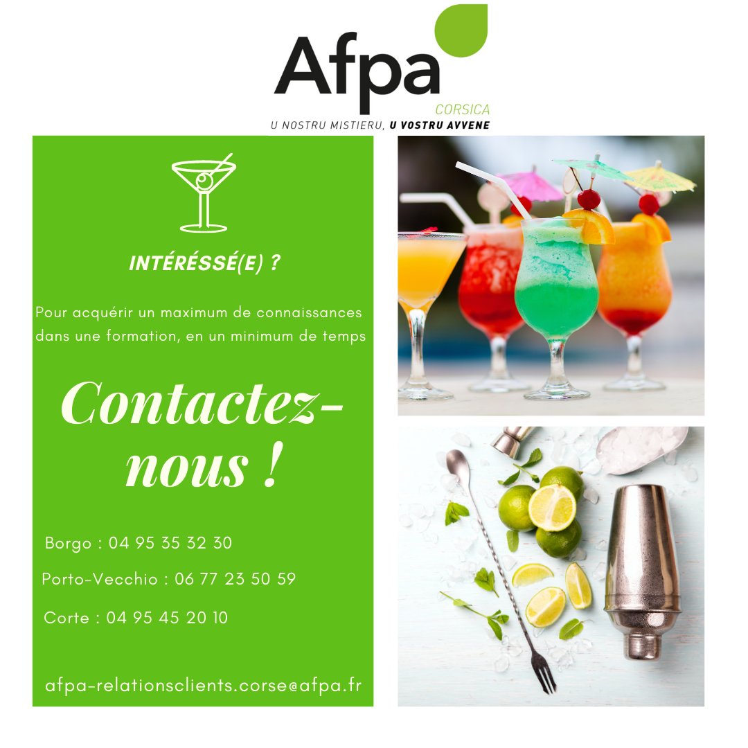 AFPA_CORSE's tweet photo. 📣L'AFPA Corsica vous propose la formation de deux jours de #Barman #Cockails !
📍A Borgo, Porto-Vecchio, et Corte
Pour acquérir un maximum de connaissances en un minimum de temps 😎
#créations #cocktails #mix #saveurs #couleurs #bar #lois #créativité #originalité #décor https://t.co/8bjHmDG2ZO
