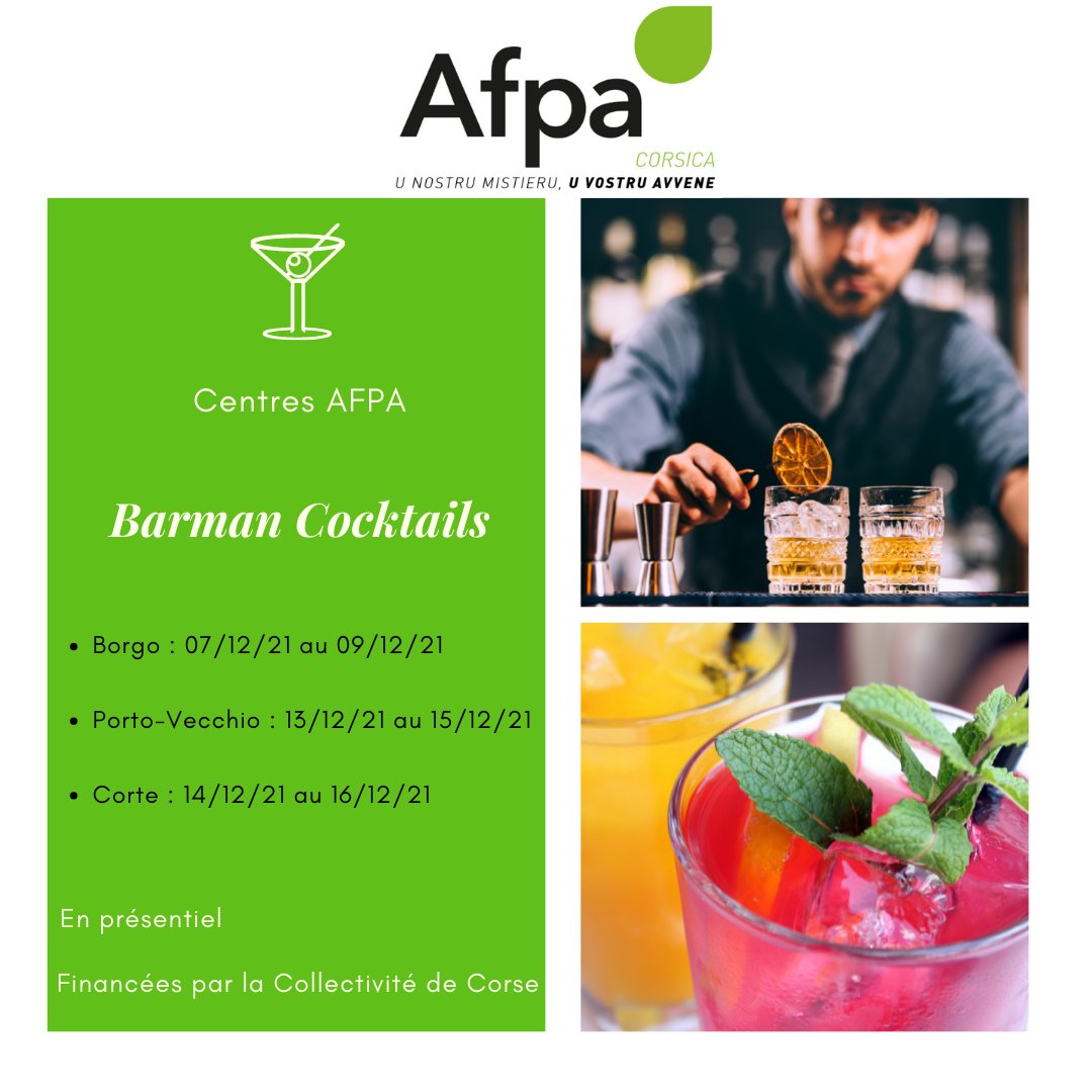 AFPA_CORSE's tweet photo. 📣L'AFPA Corsica vous propose la formation de deux jours de #Barman #Cockails !
📍A Borgo, Porto-Vecchio, et Corte
Pour acquérir un maximum de connaissances en un minimum de temps 😎
#créations #cocktails #mix #saveurs #couleurs #bar #lois #créativité #originalité #décor https://t.co/8bjHmDG2ZO