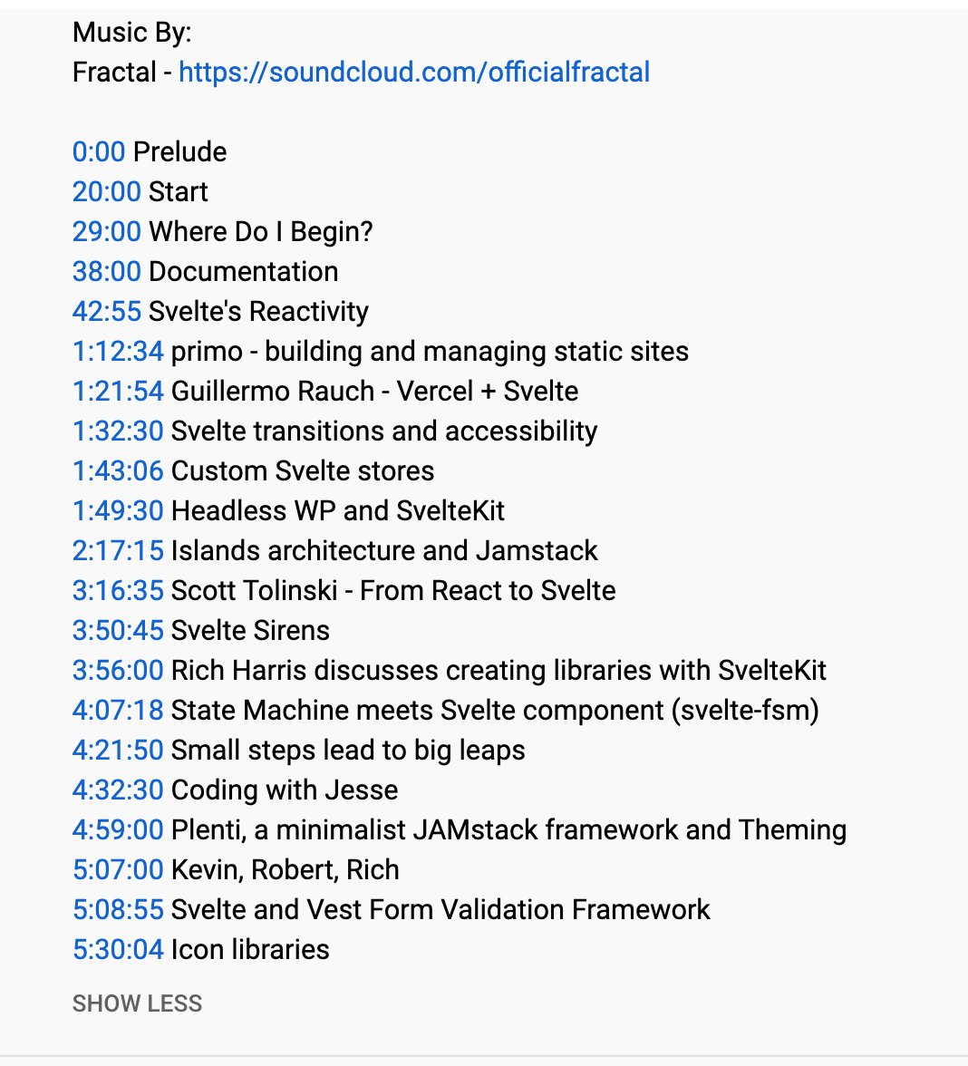 coderinheels's tweet image. Yes, Kev has done as suggested and added chapters.    So there are two ways viewers of the main recording can jump from one chapter to another (clicking on the chapter itself on the video, or clicking on the start times, which are in the description field

#SvelteSummit #svelte