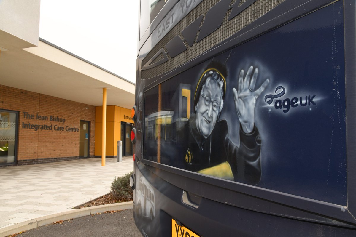 EYBuses's tweet photo. Yesterday we added a brand new face to our Heritage bus, Hull's very own Bee Lady, Jean Bishop, at the Jean Bishop Integrated Care Centre. 
She was such an inspiration, and her legacy lives on in the excellent care the ICC provide. 🐝
@SASCityCare @CHCPHull  @CHP_estates https://t.co/XHripv4ktu
