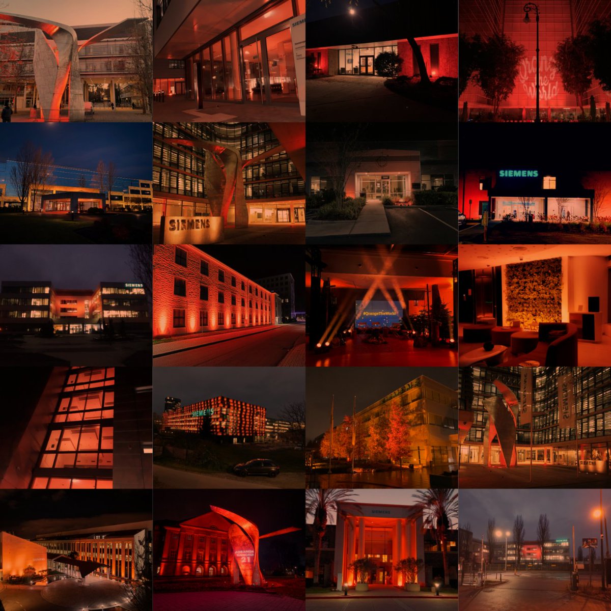 Siemens's tweet photo. Our buildings across the globe light up orange today as it’s time to end discrimination and violence against girls and women everywhere. #OrangeTheWorld @UN_Women 🧡 🌍 https://t.co/Yye7568grK