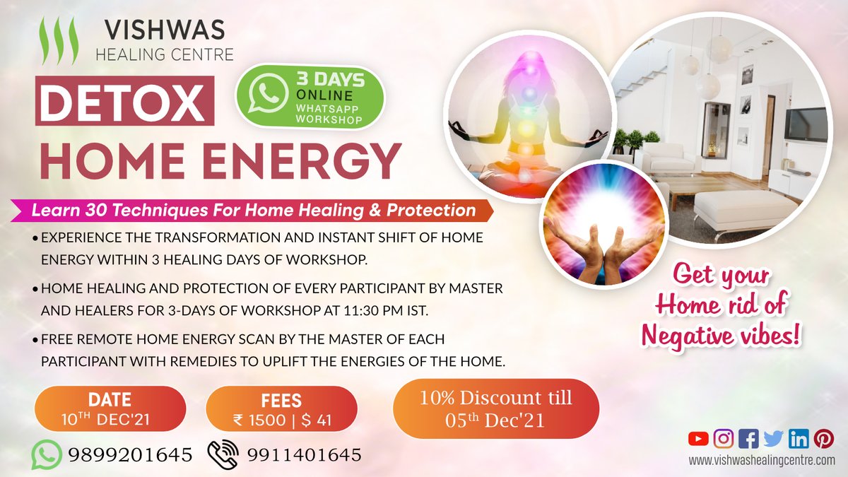 VishwasHealing's tweet photo. Enroll To The Detox Home Energy 3 Days Online WhatsApp Workshop!
Date: 10th - 12th Dec'2021
Call or Whatsapp at 9899201645, 9911401645
#EnergyHealing #HealingTechniques #Healing #Protection #DetoxHomeEnergy #EnergyHealingTechniques #WhatsappCourse #OnlineWorkshop #Home https://t.co/DOOws16lRE