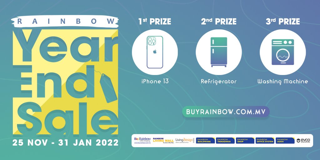 rainbowmv's tweet photo. Rainbow Year End Sale 2021 starts TODAY!!!

Enjoy discounts offered at all Rainbow outlets, EVCO &amp; Online Store, valid until 31st January 2022.

Don't miss out. 

*Terms &amp; conditions apply https://t.co/EB23ilPDfv