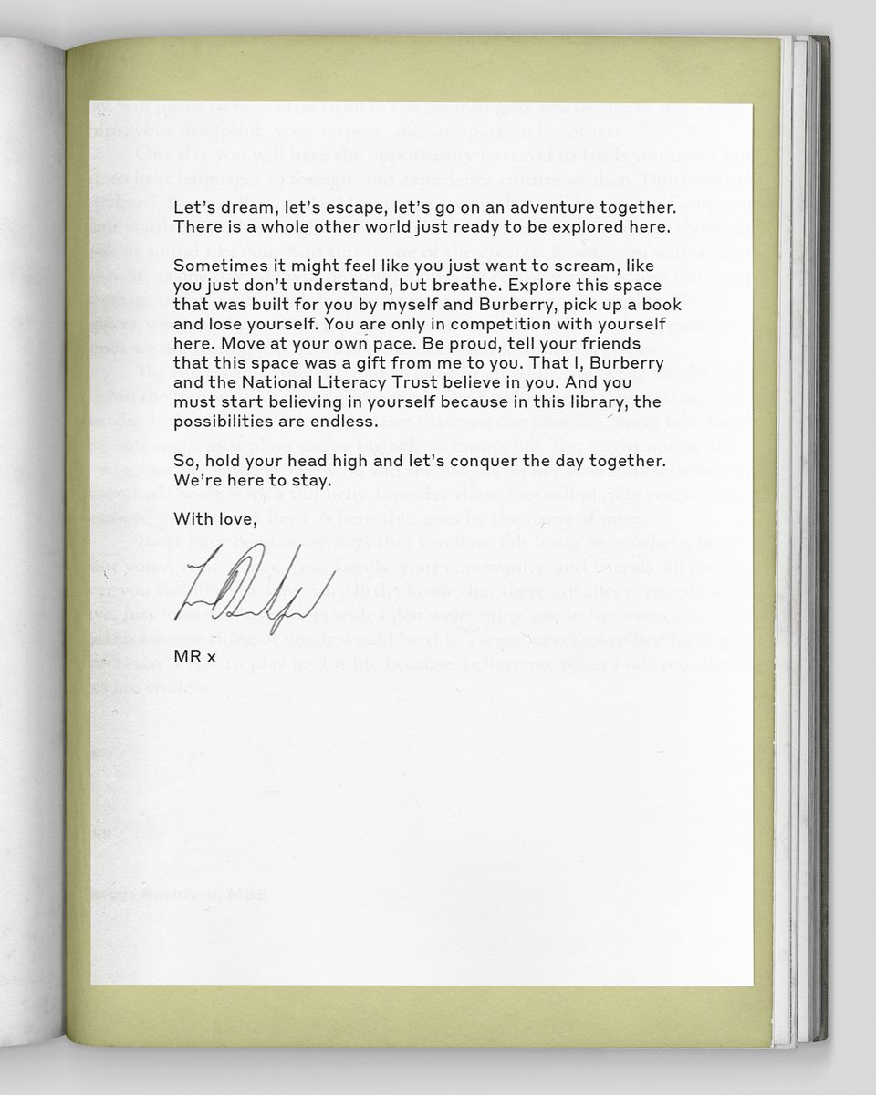 Literacy_Trust's tweet photo. We are so proud to be working with @MarcusRashford @Burberry @panmacmillan to transform 10 library spaces in schools. Marcus is a true role-model for children across the country and wants to inspire them to pick up a book.

Read what this project means to him in this letter… https://t.co/1qUX0eS8Fw