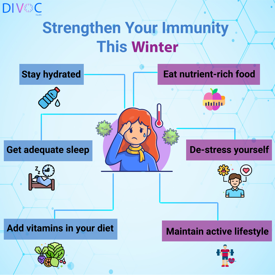 DivocHealth's tweet photo. With pleasant and chilly weather, #winter comes with its own set of health risks such as fever, flu, viral, etc. We understand it's very exhausting to deal with #illnesses.  Let's learn some immune-boosting tips.

#winterhealthcare #healthylifestyle #stressmanagement #healthtips https://t.co/82cYR8IS6R