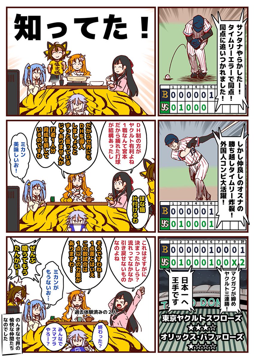 それいけ鯉依奈ちゃん 2021 日本シリーズ編
第41話『日本シリーズ第4戦』

東京ヤクルトスワローズとオリックス・バファローズの日本シリーズ。
どの試合も1点差の接戦!
ここまで熱い日本シリーズになるとは!!
白熱の試合の裏でセ界の愉快な仲間たちは鍋を食べていた。
#それいけ鯉依奈ちゃん 