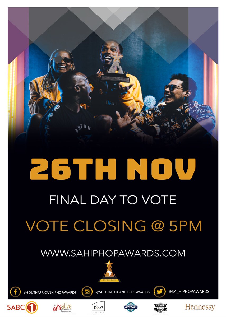 SA_HipHopAwards's tweet photo. HURRY UP &amp; VOTE‼️
Voting lines close THIS FRIDAY, the 26th at 5pm!!!
Is your favourite act taking home this year's awards? 🗳️ https://t.co/nLkjGyQozY

#SAHHA2021 https://t.co/ZyikrFFgXE