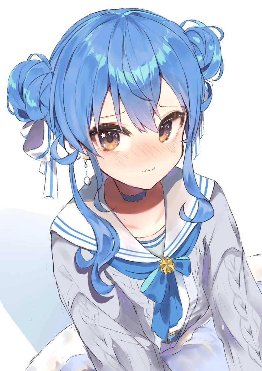 hoshimachi suisei 1girl solo blue hair hair bun sailor collar blush double bun  illustration images