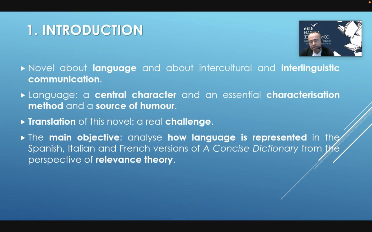 2nd day of #AEDEAN44! Xavier Díaz Pérez presents at the Translation panel “Language Representation in Xiaolu Guo’s A Concise Chinese-English Dictionary for Lovers and its Spanish, French and Italian Versions. Translating Non-Standard Idiolect and Language-Based Humour”<a href="/aedean2021/">AEDEAN2021</a>