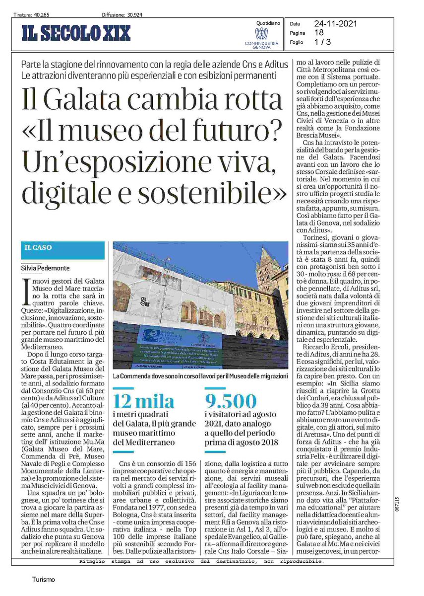 AditusCulture's tweet photo. #Digititalizzazione, #Innovazione, #Inclusione, #Sostenibilità: ecco le coordinate che @AditusCulture e @CNSNotify seguiranno per portare il @GalataMuseoMare nel Futuro. Leggi l'articolo de Il Secolo XIX 🔸 @ConfindustriaGe @ComunediGenova @MuMA_Genova @museitaliani https://t.co/SD6FRFZMVJ